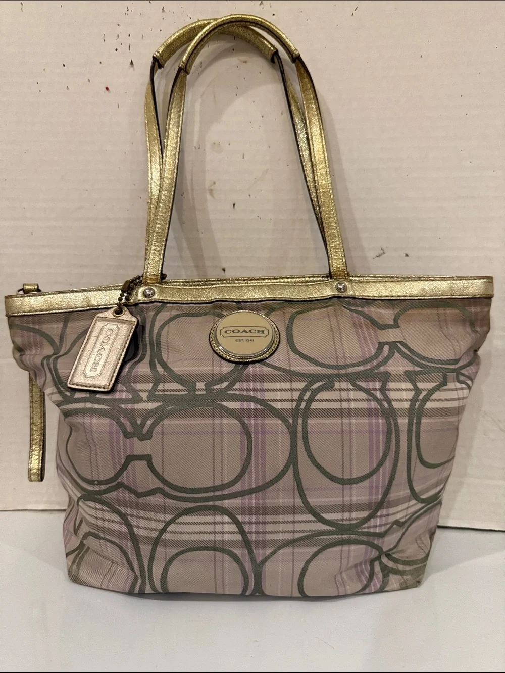 Coach Gray & Light Purple Plaid Signature Shoulder with Gold Leather Trim